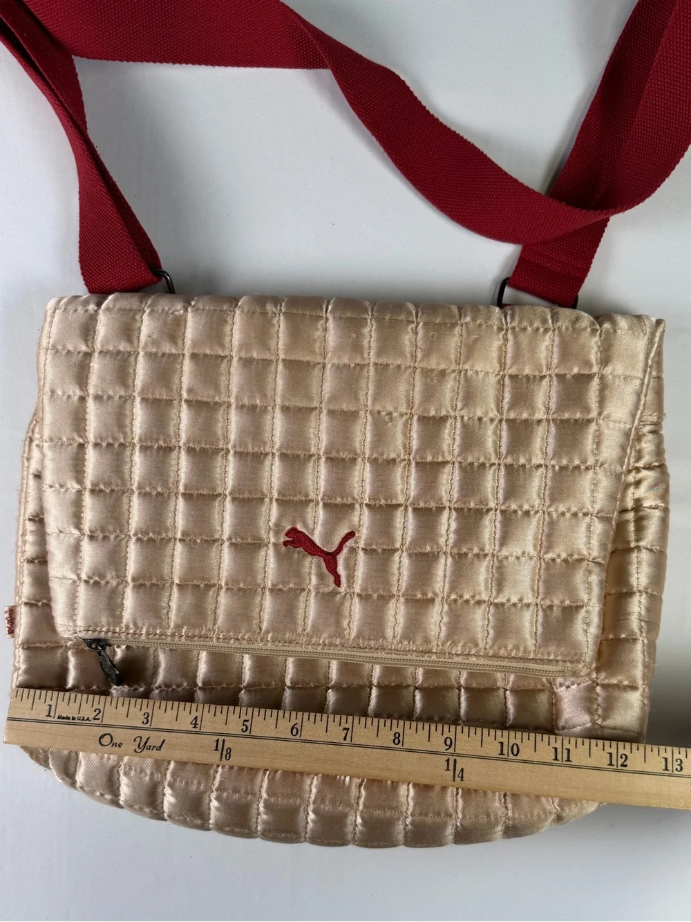 Vintage Puma Quilted Crossbody Bag in Champagne with Red Strap- Classic Puma